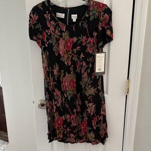 Liz Claiborne Black Floral Short Sleeve Dress with Pink & Green Blooms